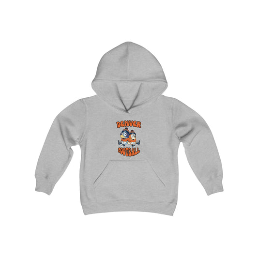 Youth Bluey & Bingo Design Broncos Football - Inspired Heavy Blend Hooded Sweatshirt